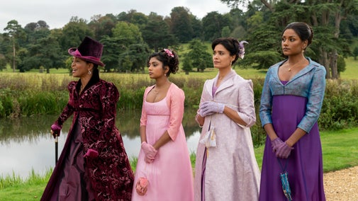 Bridgerton's Lady Danbury walking through parkland with Edwina, Kate and Mary Sharma.
